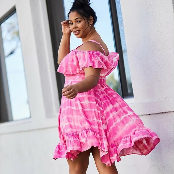 Torrid Dress Women's 1/1X Pink Tie-Dye Mini Gauze Lined Pockets Smock Stretch - Picture 2 of 14